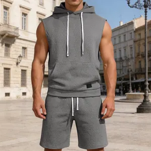 Men's grey jacquard knit sleeveless hooded vest and matching shorts casual sport set