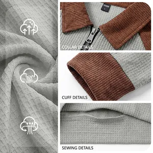 Detailed view of a men's waffle knit half-zip polo shirt with brown corduroy collar.