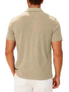 Back view of men's beige ribbed polo shirt showing breathable jacquard fabric detail