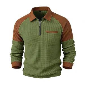 Men's olive green and brown waffle knit long sleeve half-zip polo shirt with a lapel collar