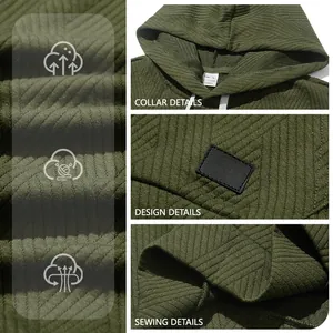 Close-up of olive green men's jacquard knit hooded vest showing collar and sewing details