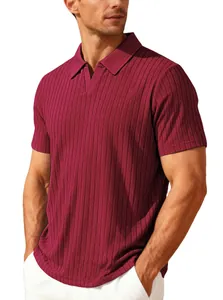 Men's summer burgundy vertical ribbed polo shirt with breathable jacquard fabric
