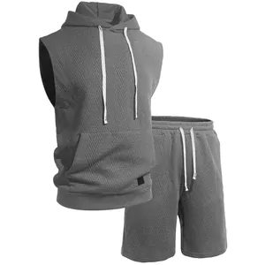 Men's grey jacquard textured sleeveless hooded vest and matching shorts tracksuit set
