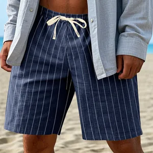 Men's blue vertical striped summer shorts with drawstring waist in linen-like fabric
