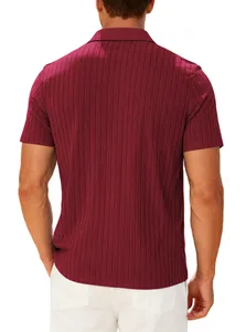 Detailed back view of a men's breathable jacquard short sleeve polo shirt in burgundy color