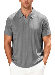 Detailed view of grey short-sleeve polo shirt with vertical ribbed towel jacquard fabric