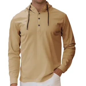 Men's long sleeve hooded Henley shirt in tan color with a classic button placket and drawstrings