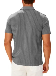Back view of men's grey ribbed knit polo shirt featuring vertical textured jacquard fabric.