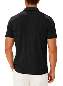 Back view of a black ribbed towel jacquard polo shirt for men with breathable fabric.