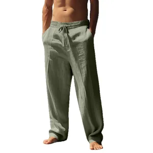 Pantalon décontracté en coton et lin pour homme, coupe droite, vert olive élégant