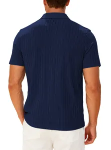 Back view of a men's navy blue striped short sleeve polo shirt with textured jacquard fabric
