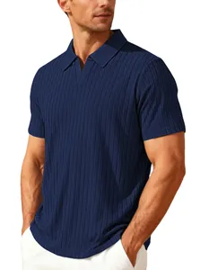 Detail of men's navy blue jacquard polo shirt showing premium breathable rib texture