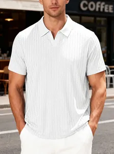 Detailed view of a white vertical striped jacquard polo shirt for men on a model