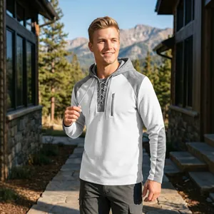 Men's Casual Waffle Knit Hoodie Color Block Long Sleeve Sweatshirt With Drawstring Hood And Zipper Pocket Outdoor Sport Top