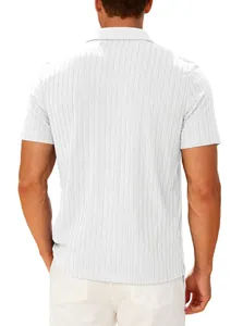Back view of white ribbed towel jacquard knit short-sleeved men's casual polo shirt