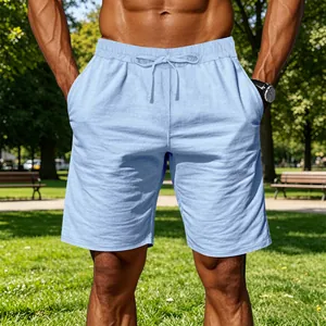 Detail view of men's breathable light blue cotton linen casual sports shorts