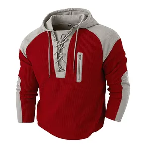 Men's waffle knit color-block hoodie with lace-up collar and chest pocket