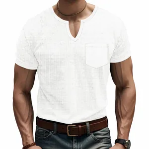 Close-up view showing the textured slub-knit fabric of this white V-neck casual t-shirt