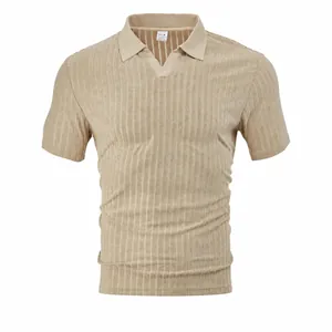 Men Summer Casual Short Sleeve Polo Shirt Towel Jacquard Striped Lapel V Neck Breathable Polyester Fashion Outdoor Top