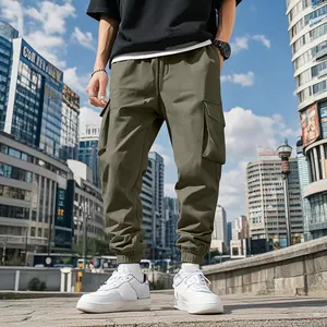 Men's olive green outdoor cargo pants with multi-pockets and jogger cuffs in city