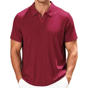 Men's summer burgundy ribbed jacquard polo shirt with short sleeves and V-neck