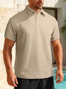 Detail view showing the fine textured jacquard pattern on a men's beige polo shirt