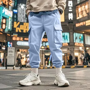 Casual outdoor multi-pocket cargo joggers for men in solid light blue street style