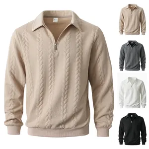 Men's cable knit quarter-zip pullover polo sweatshirt in khaki, white, grey, and black.