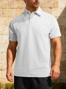 Detail of white men's short sleeve Polo shirt featuring textured diamond jacquard pattern