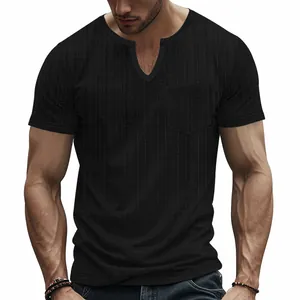 Detailed view of men's black faux linen slub t-shirt featuring V-neck and pocket