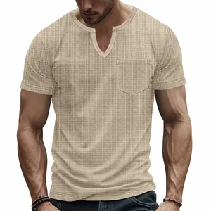 Detailed macro view of textured breathable linen-like fabric on men's V-neck pocket T-shirt