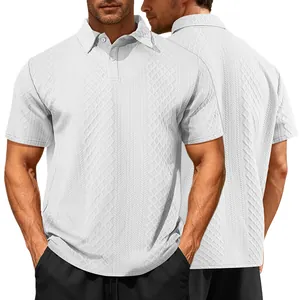 Close-up detail of white textured jacquard fabric on a men's breathable polo shirt