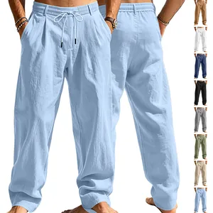 Men's loose linen trousers in light blue showing front and back views with color options