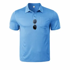 Polo Homme Décontracté en Polyester Manches Courtes Revers Maille Respirante Coupe Ample Couleur Unie Haut Avec Poche Poitrine
