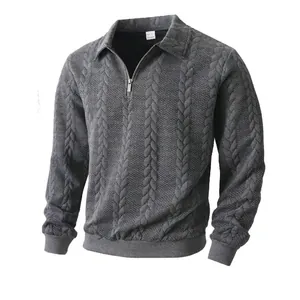 Men's Jacquard Knit Sweatshirt Half Zip Polo Collar Long Sleeve Casual Pullover Sporty Top Fashion Textured Autumn Winter Clothing
