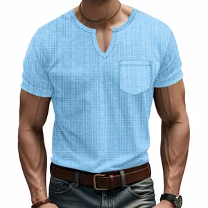 Detailed view of men's light blue waffle knit short sleeve shirt with V-neck and chest pocket
