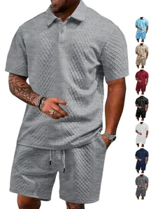 Detail view of men's summer jacquard polo and shorts set with texture and color variants.
