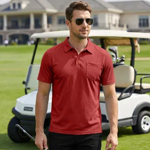 Polo pour homme en maille respirante rouge avec manches courtes et poche de poitrine