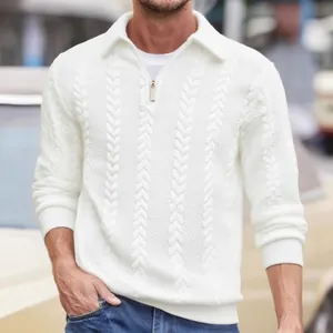Men's white cable knit quarter-zip sweater with lapel collar for autumn winter