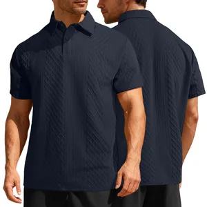 Detail of navy blue textured jacquard men's polo shirt showing front and back view