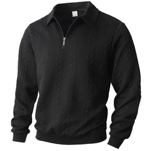 Black men's jacquard half-zip sweatshirt with lapel collar and cable knit texture