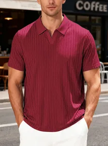 Burgundy men's summer casual breathable jacquard ribbed short sleeve polo shirt