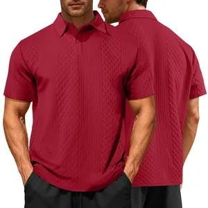 Close-up detail view of dark red men's polo shirt with vertical textured jacquard pattern