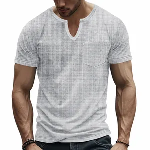 Men's casual imitation linen V-neck short sleeve T-shirt with pocket, grey texture