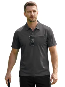 Men's charcoal grey mesh polo shirt featuring breathable fabric and functional chest pocket
