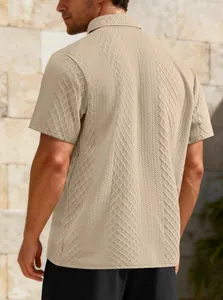 Detailed back view of a men's beige short-sleeve polo shirt featuring jacquard texture