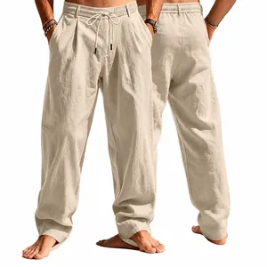 Men Linen Casual Trousers Straight Leg Drawstring Elastic Waist Lightweight Breathable Summer Pants For Beach Vacation Men Bottom