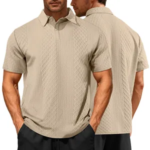 Front and back view of a khaki men's textured jacquard short sleeve polo shirt