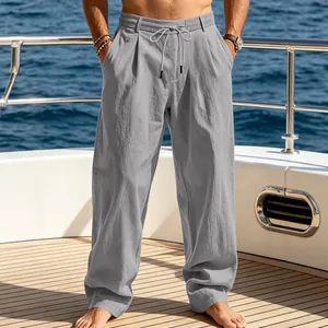 Men's relaxed fit grey linen drawstring casual trousers for summer travel on yacht
