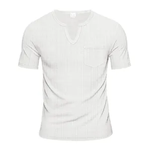 Men's casual white slub texture T-shirt with V-neck and chest pocket detail